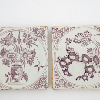 Two manganese Delftware tiles with floral decoration, Moustiers, France, 17th C.